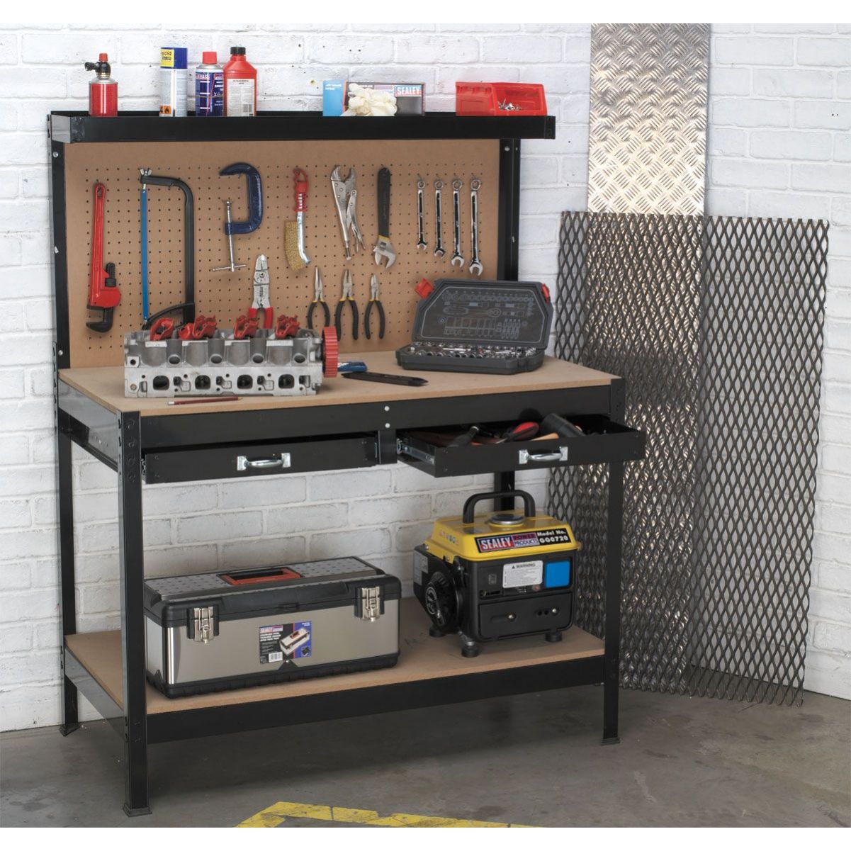 Sealey 1.2m Workbench with 2 Drawers and Pegboard Budget Workbenches